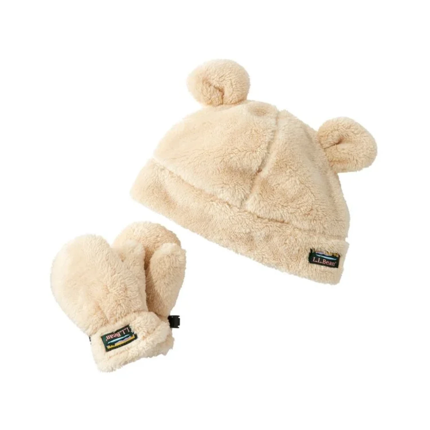 Cream fleece hat and mittens set with logo on a white background