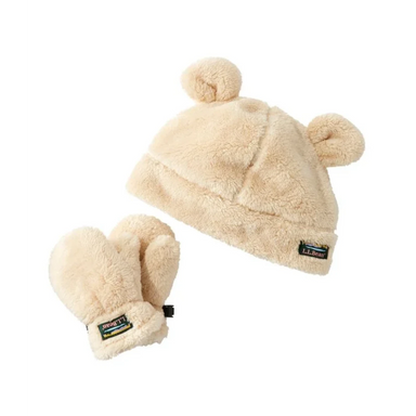 Cream fleece hat and mittens set with logo on a white background