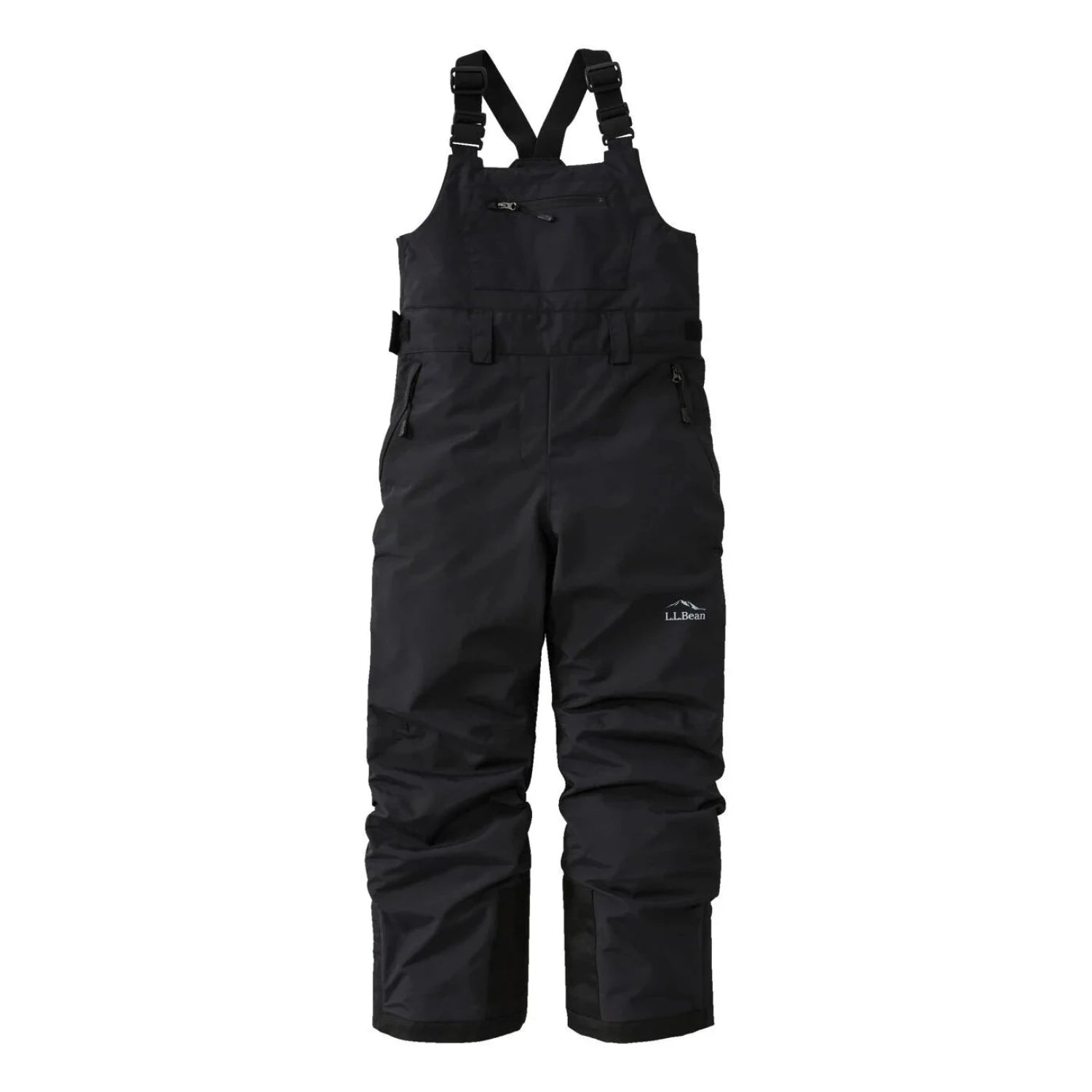 L.L. Bean Kid's Waterproof Wildcat Insulated Ski Bibs in black, flat front