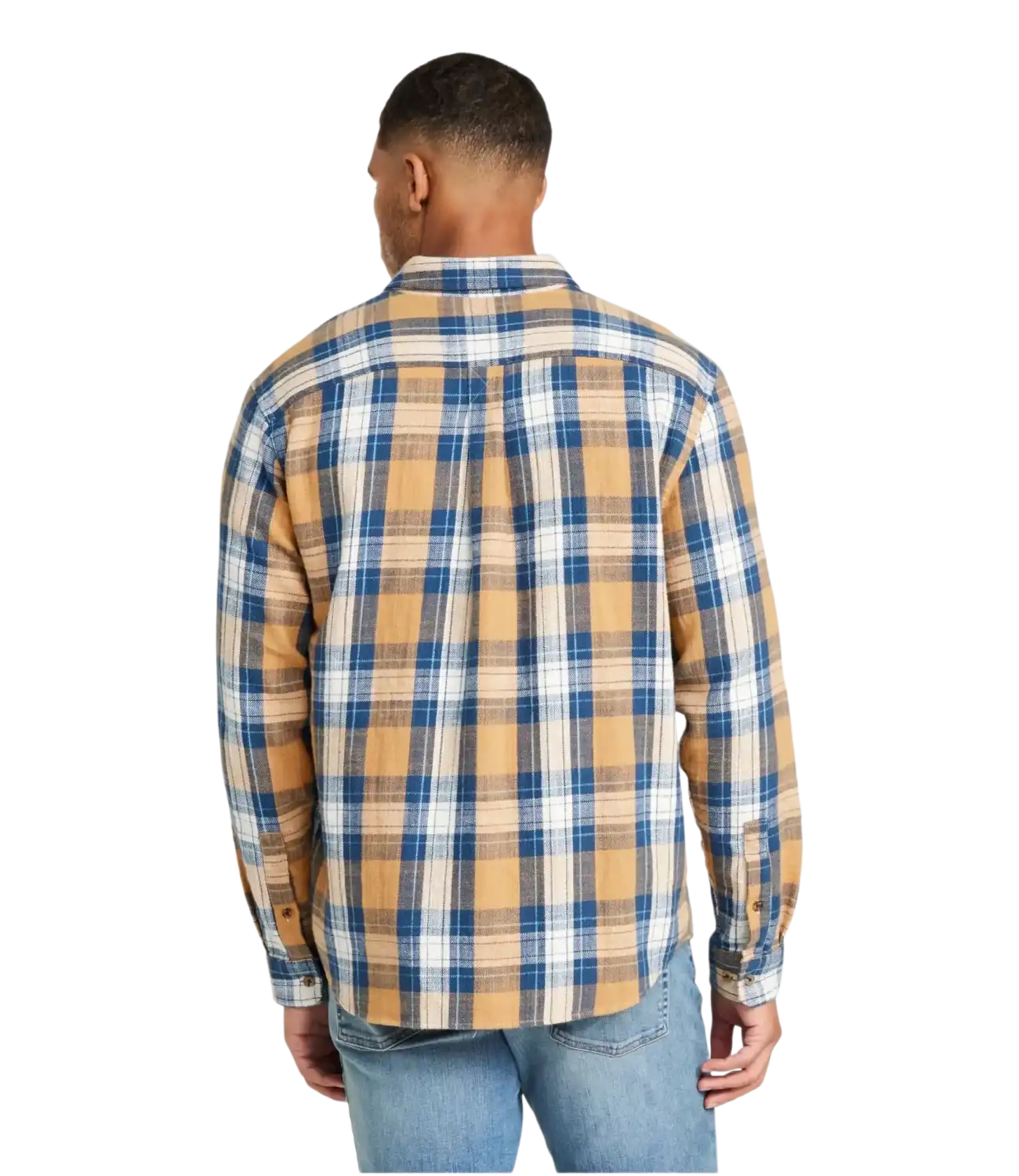 L.L. Bean Men's 1912 Field Flannel Shirt in Barley, back view on model 