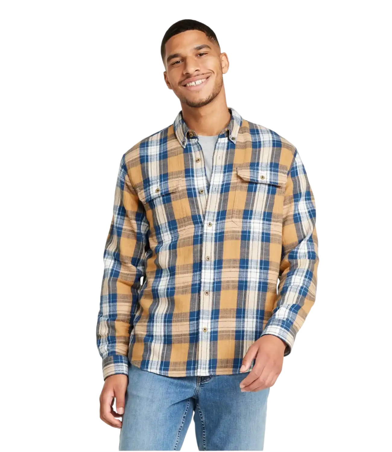 L.L. Bean Men's 1912 Field Flannel Shirt in Barley, front view on model 