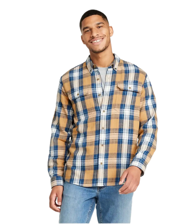 L.L. Bean Men's 1912 Field Flannel Shirt in Barley, front view on model 