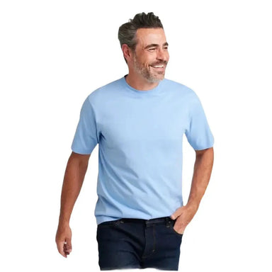 L.L. Bean Men's Carefree Unshrinkable Tee in Lake, front view on model