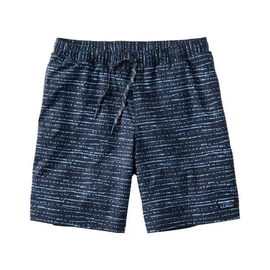 LL Bean Men's Vacationland Stretch Swim Trunks shown in the Carbon Navy Linear Dot color option. Front view.