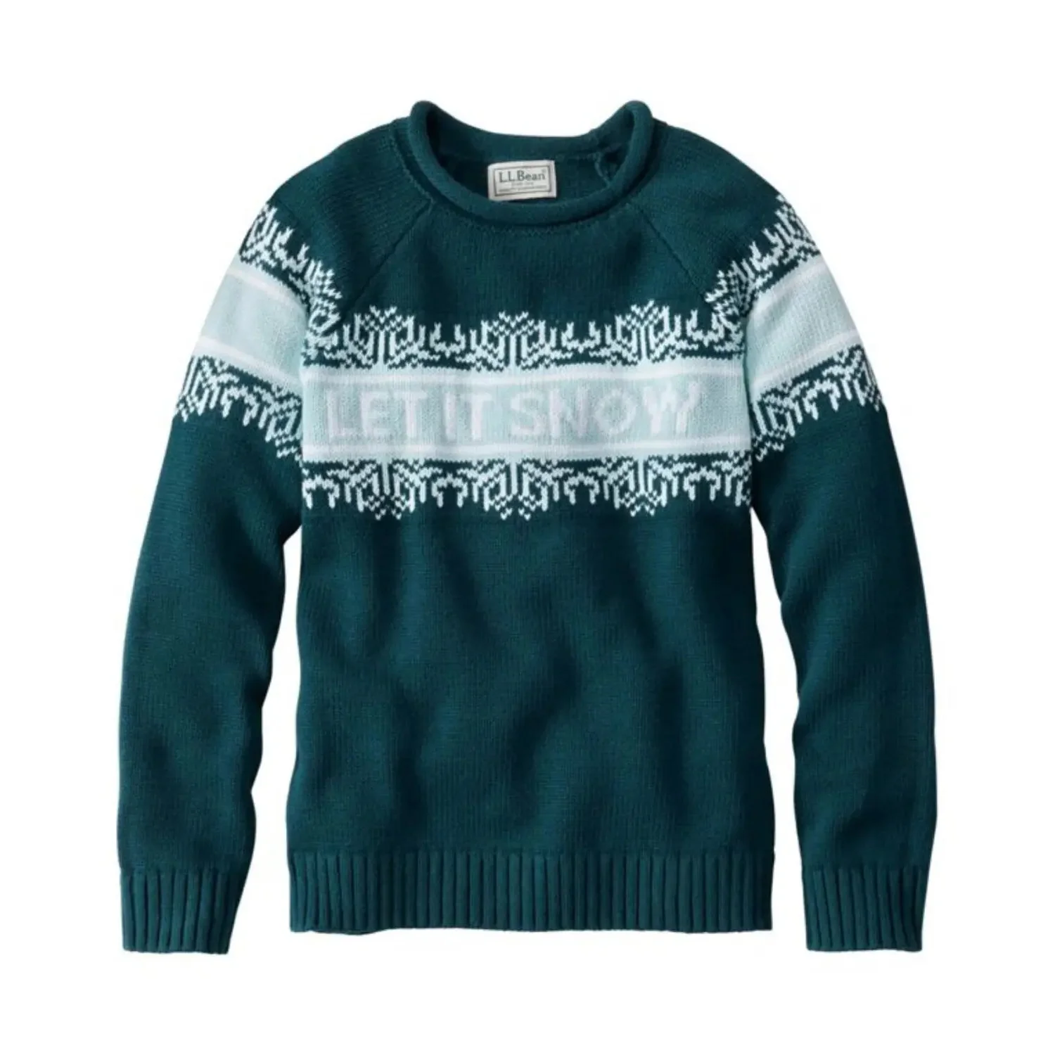 Green sweater with White Let it Snow across chest.