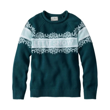 Green sweater with White Let it Snow across chest.