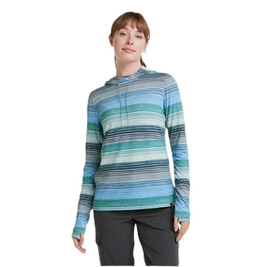 LL Bean Women's Everyday SunSmart® Hooded Pullover shown in the Blue-Green Stripe color option. Front View on model.