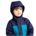 llbean baby cold buster snowsuit in Deepest Blue/Teal Shadow front model hood view