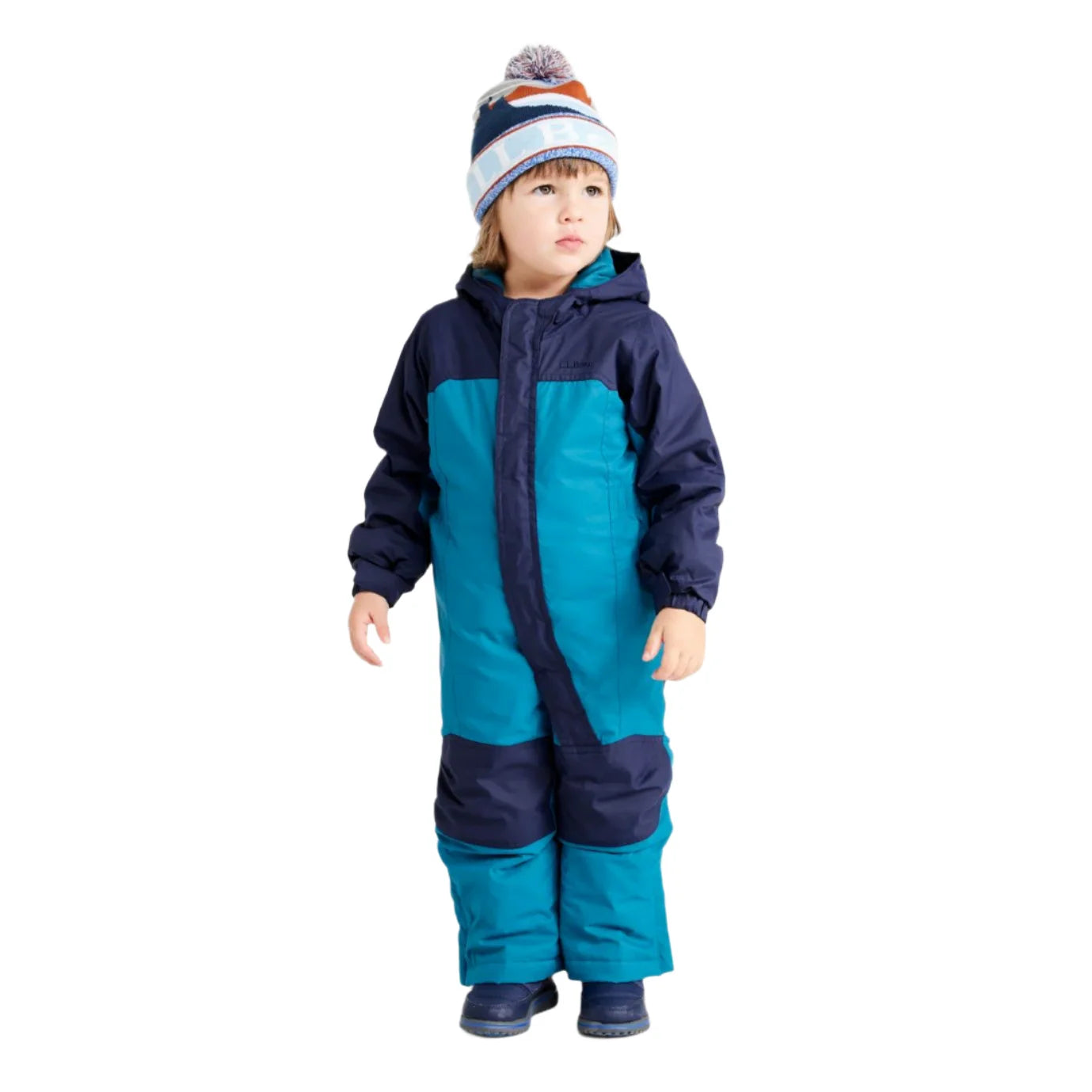 llbean baby cold buster snowsuit in Deepest Blue/Teal Shadow front model no hood full body view