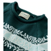 Close-up of a teal sweater with a patterned design and L.L.Bean label.