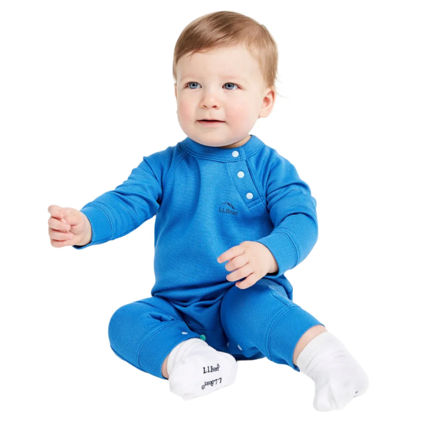 llbean baby wicked warm onesie in cobalt blue model view