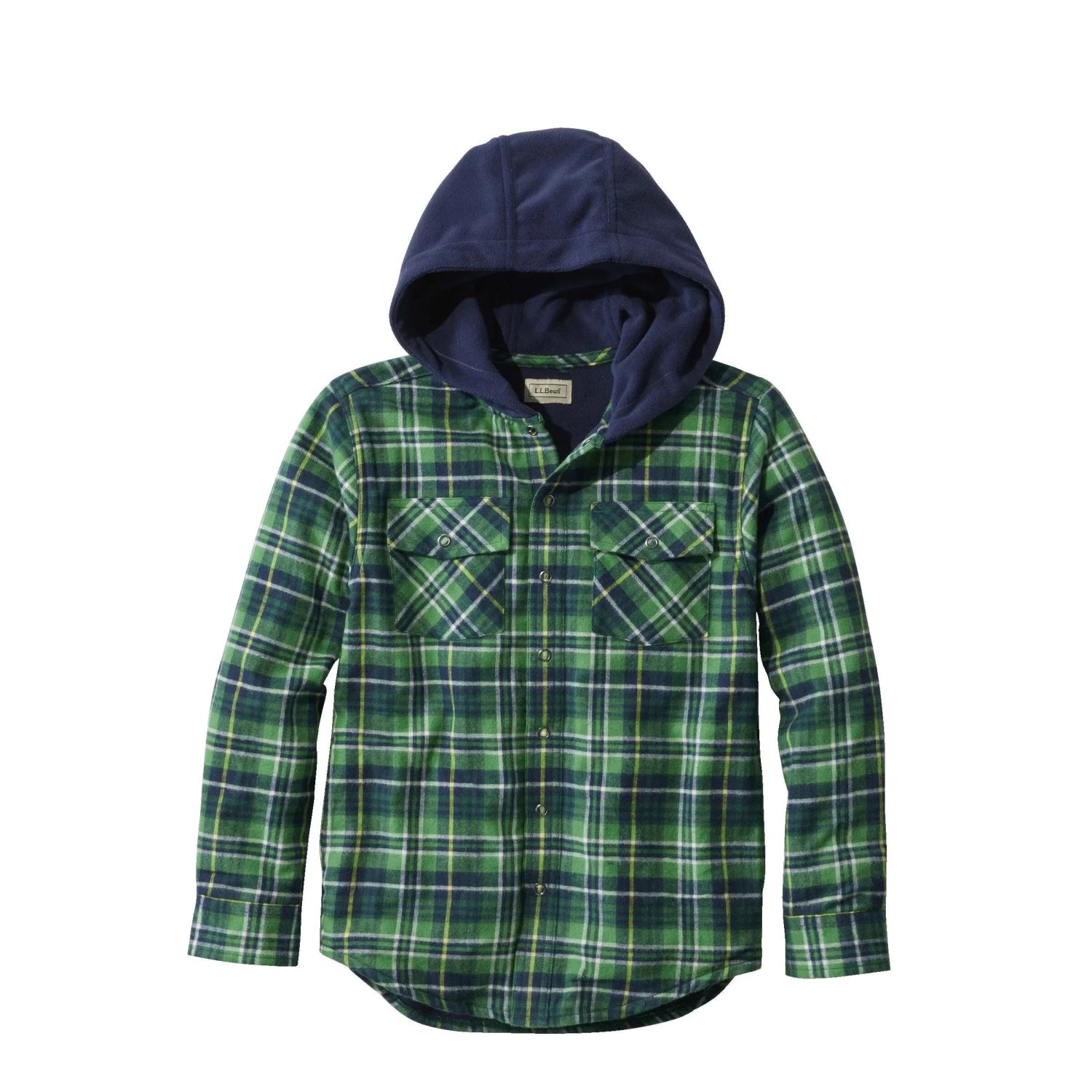 L.L. Bean K's Fleece-Lined Flannel Shirt, Hooded Plaid, Treeline, front view flat