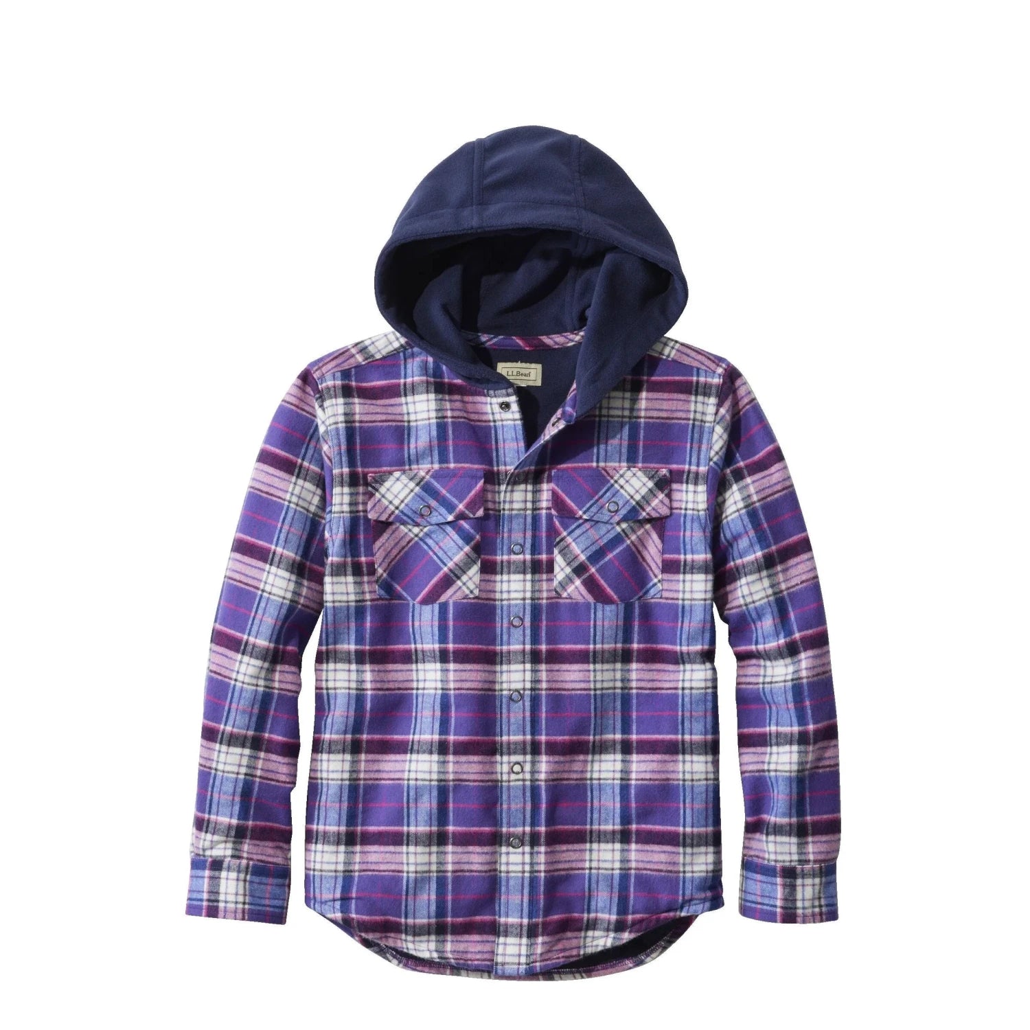 L.L. Bean K's Fleece-Lined Flannel Shirt, Hooded Plaid, Wild Aster, front view flat