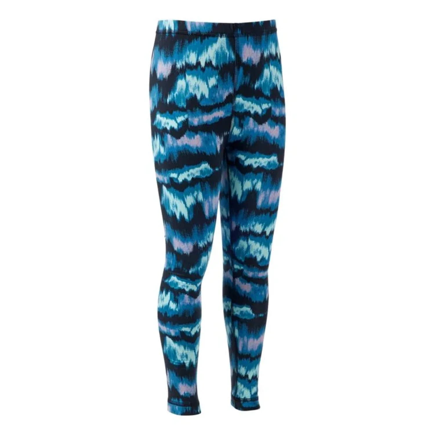 Leggings with blue and pink abstract pattern on a white background