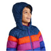 llbean kids down jacket colorblock in bright sapphire model hood front view