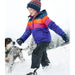 llbean kids down jacket colorblock in bright sapphire model playing in snow with dog view