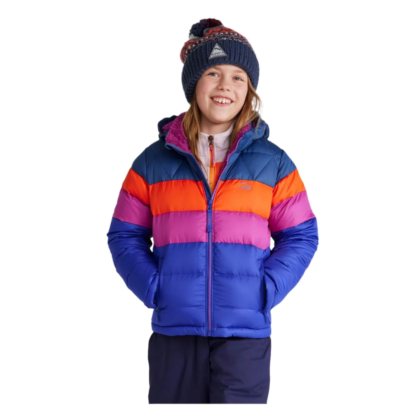 llbean kids down jacket colorblock  in bright sapphire front model view