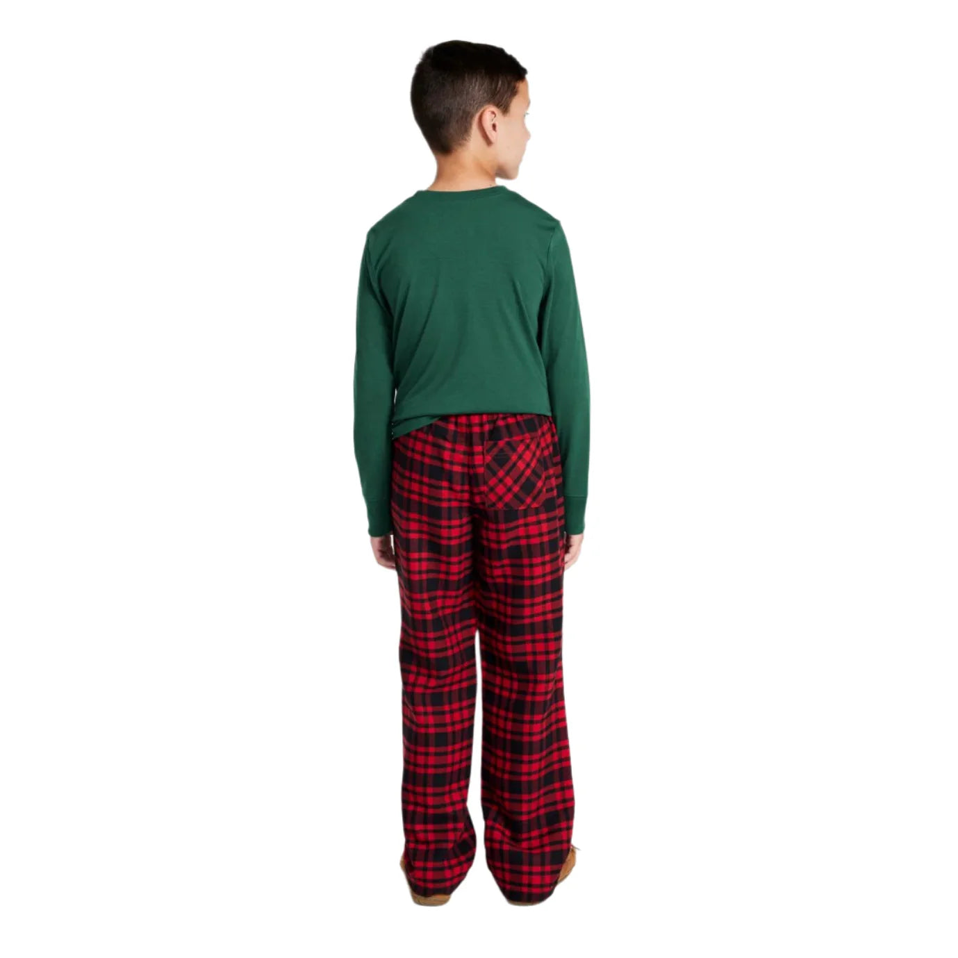 llbean kids flannel pajamas in deep green charging moose back model view