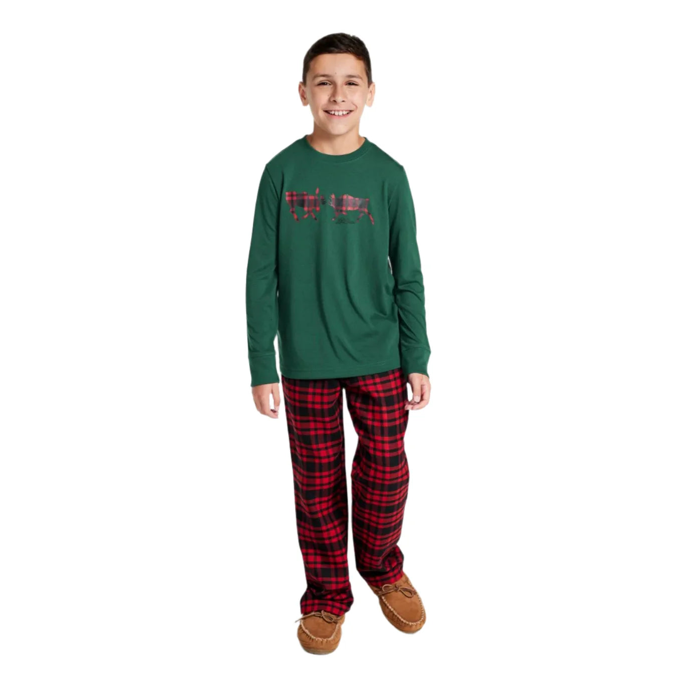 llbean kids flannel pajamas in deep green charging moose front model view