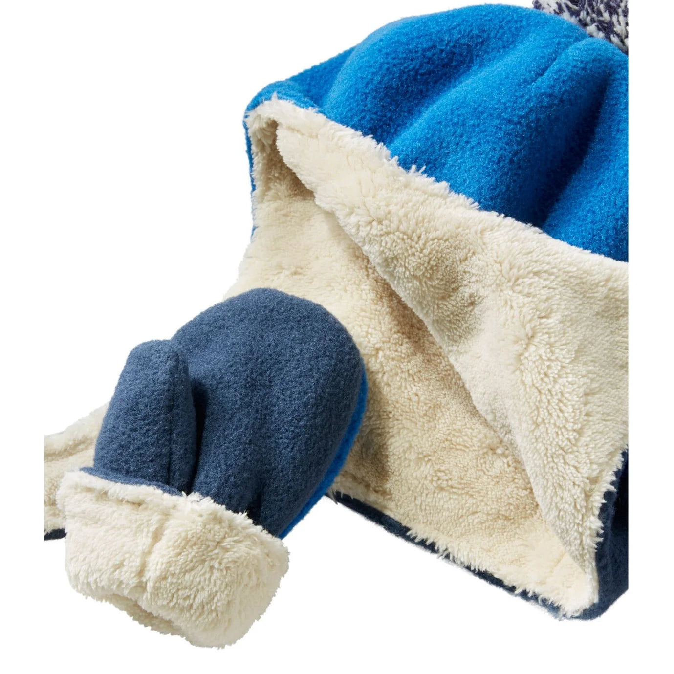 llbean kids mountain classic fleece hat and mitten set in deep sapphire flat open view