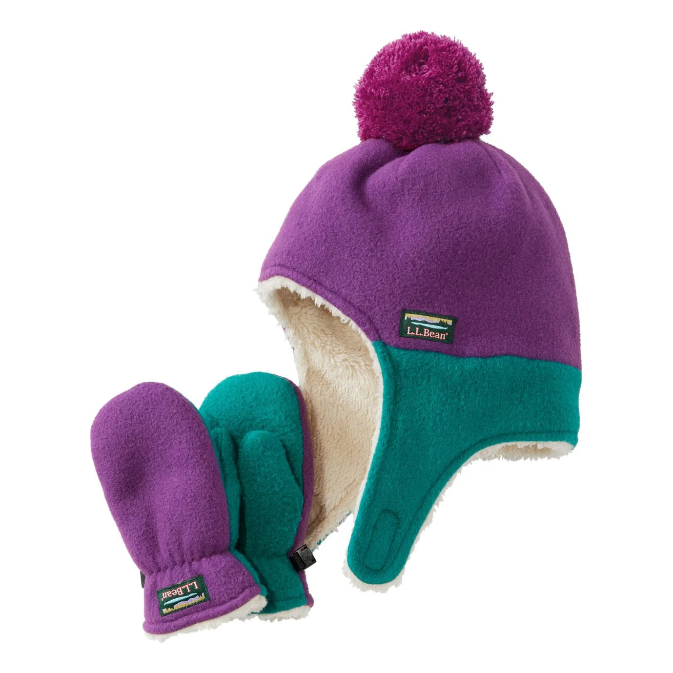 llbean kids mountain classic fleece hat and mitten set in purple horizon flat view