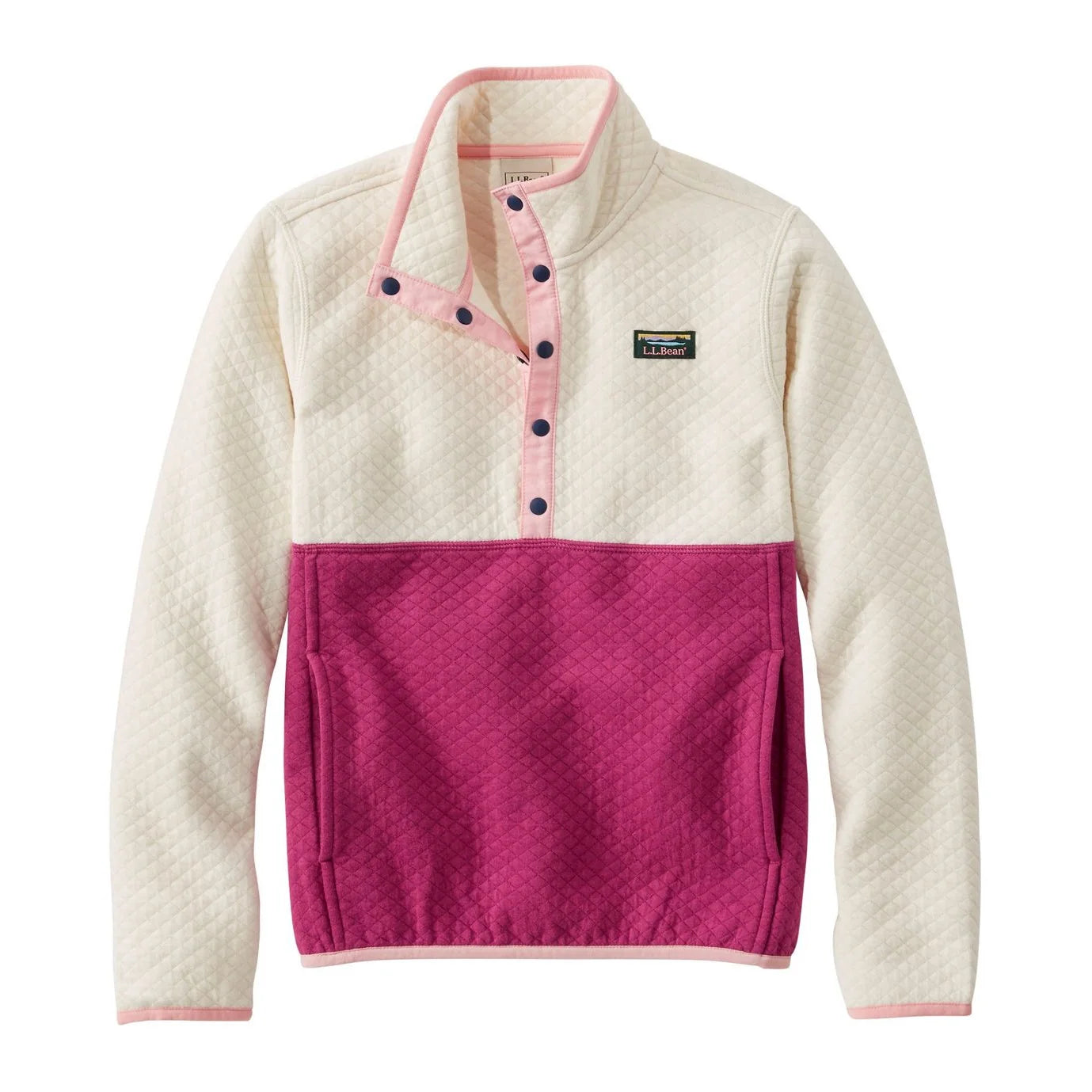 llbean kids quilted quarter snap pullover, colorblock in cream/ sugar plum front flat view