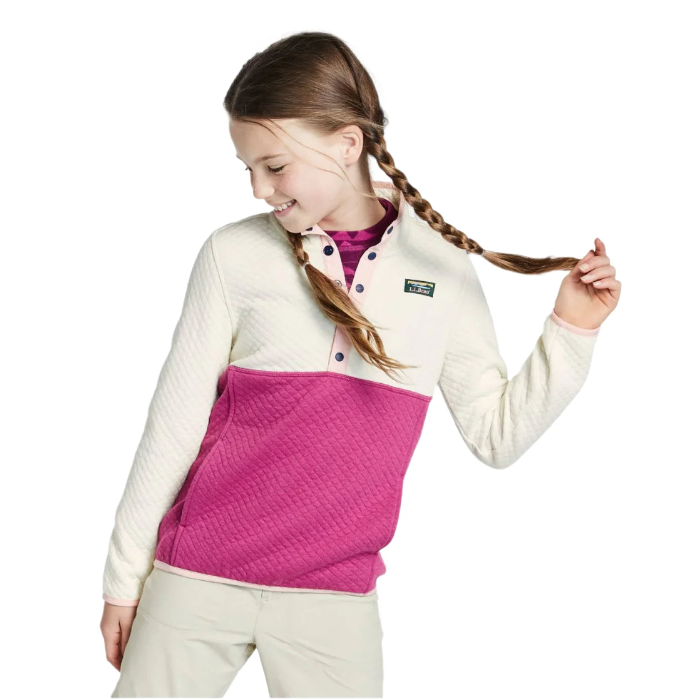 llbean kids quilted quarter snap pullover, colorblock in cream/ sugar plum front model view