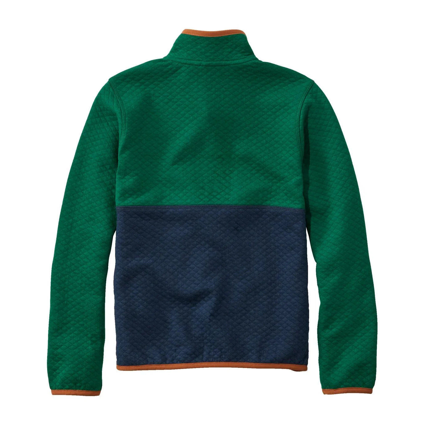 llbean kids quilted quarter snap pullover, colorblock in emerald spruce/ nautical navy back flat view