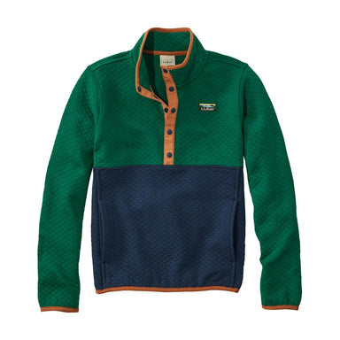 llbean kids quilted quarter snap pullover, colorblock in emerald spruce/ nautical navy front flat view