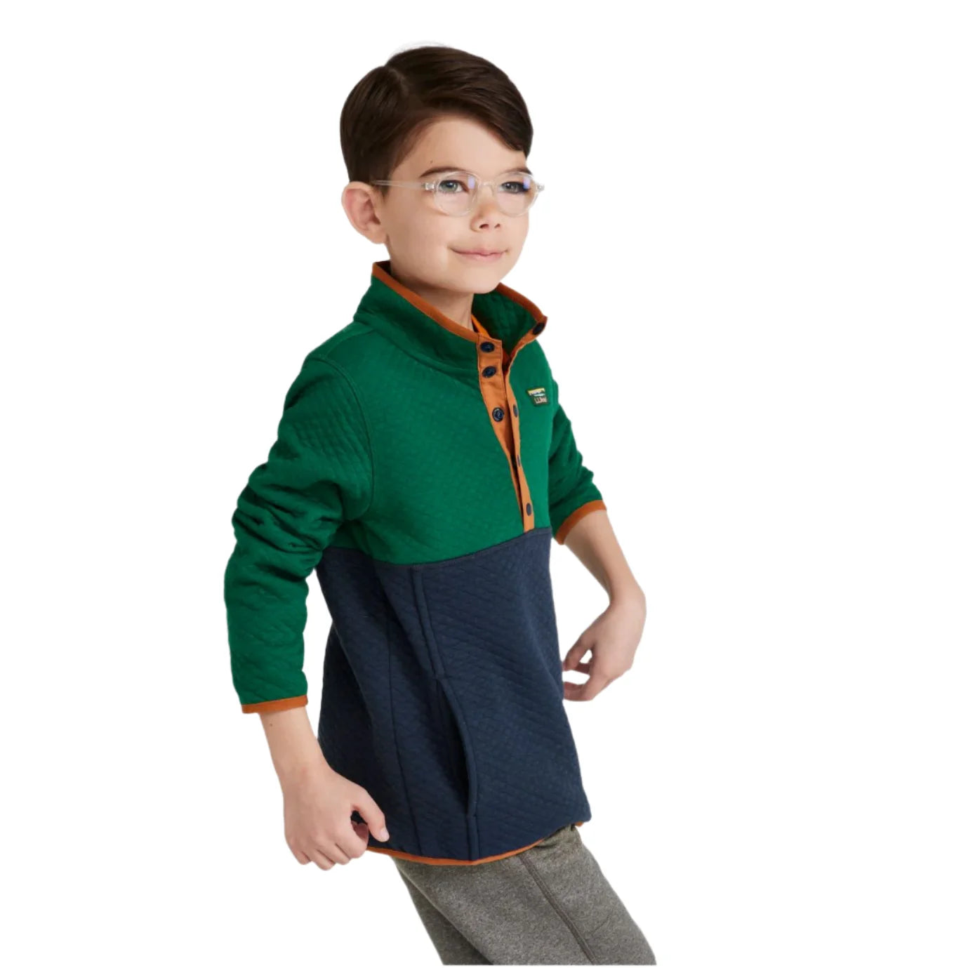 llbean kids quilted quarter snap pullover, colorblock in emerald spruce/ nautical navy front model view