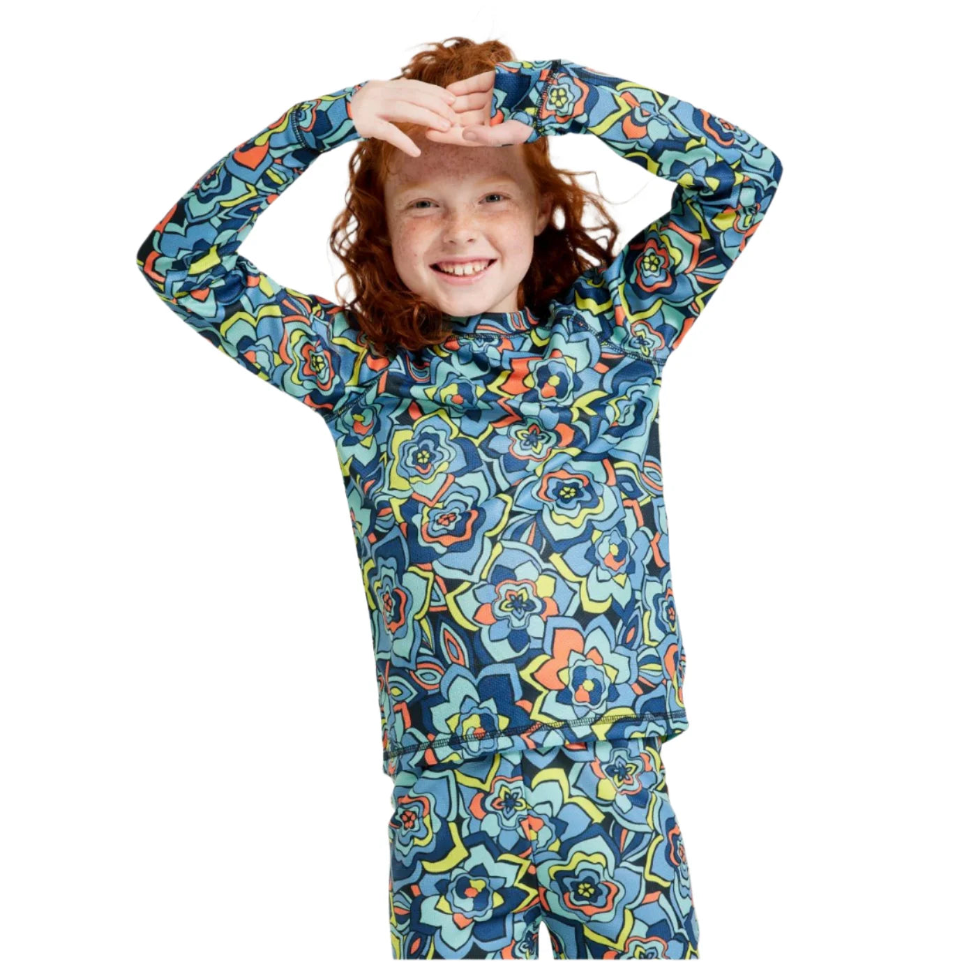 ll bean kids wicked warm midweight long underwear top print in wild salmon flower power front model view