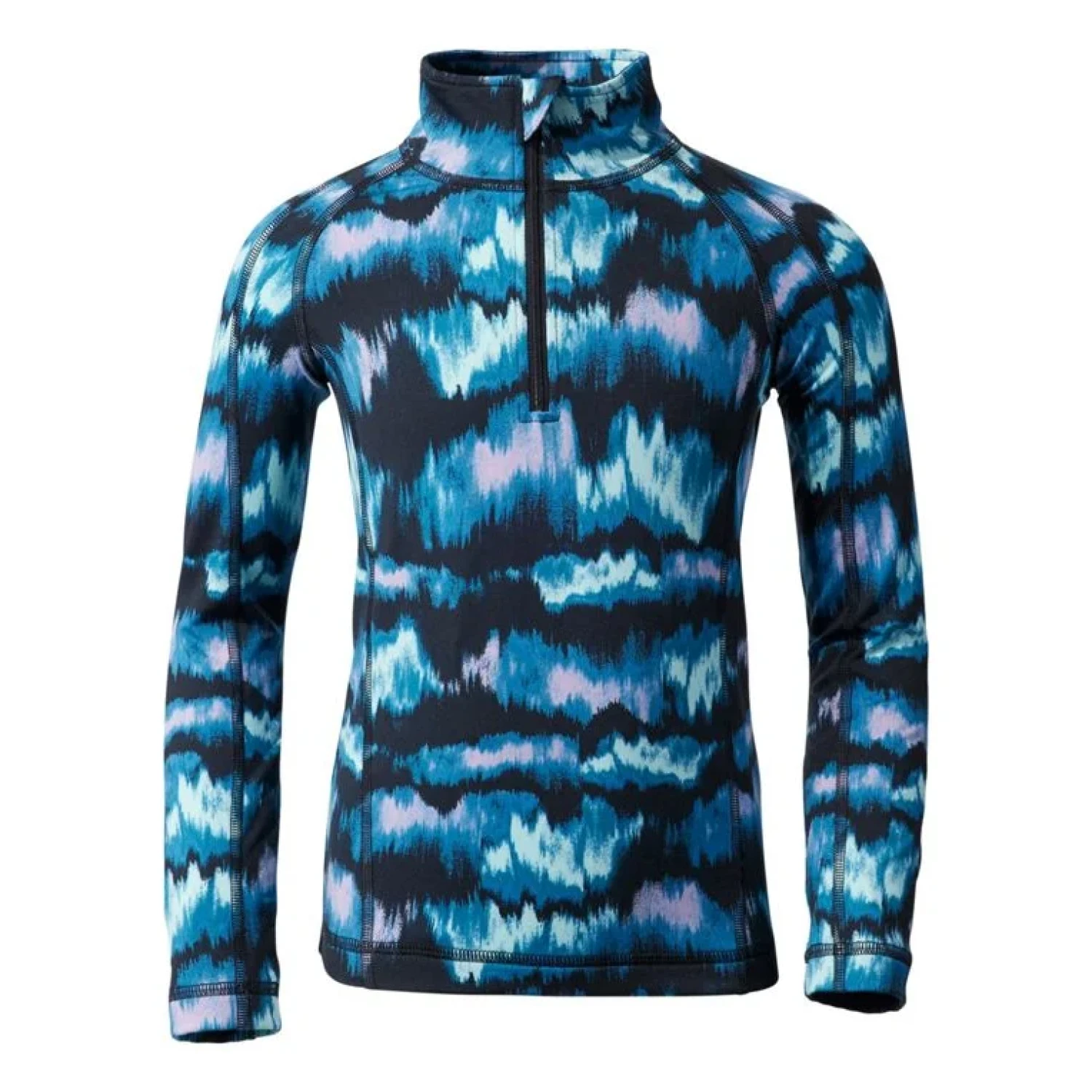 Multicolor design kids' long john top. 1/4 zip. Front view.