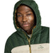 L.L. Bean M's Bean's Down Hooded Jacket, Fatigue Green Balsam, front view on hood on model