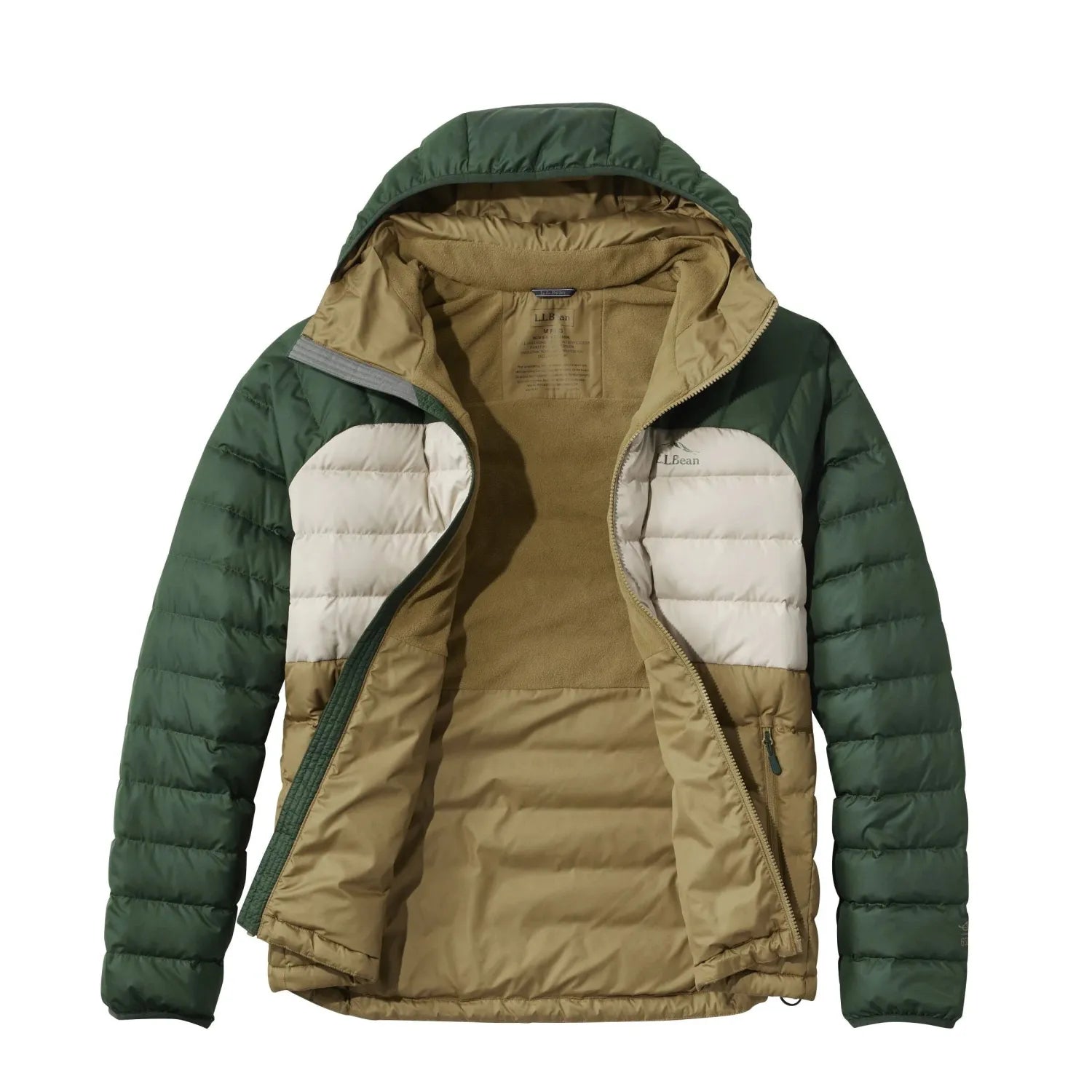 L.L. Bean M's Bean's Down Hooded Jacket, Fatigue Green Balsam, front view of jacket open flat