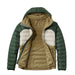 L.L. Bean M's Bean's Down Hooded Jacket, Fatigue Green Balsam, front view of jacket open flat