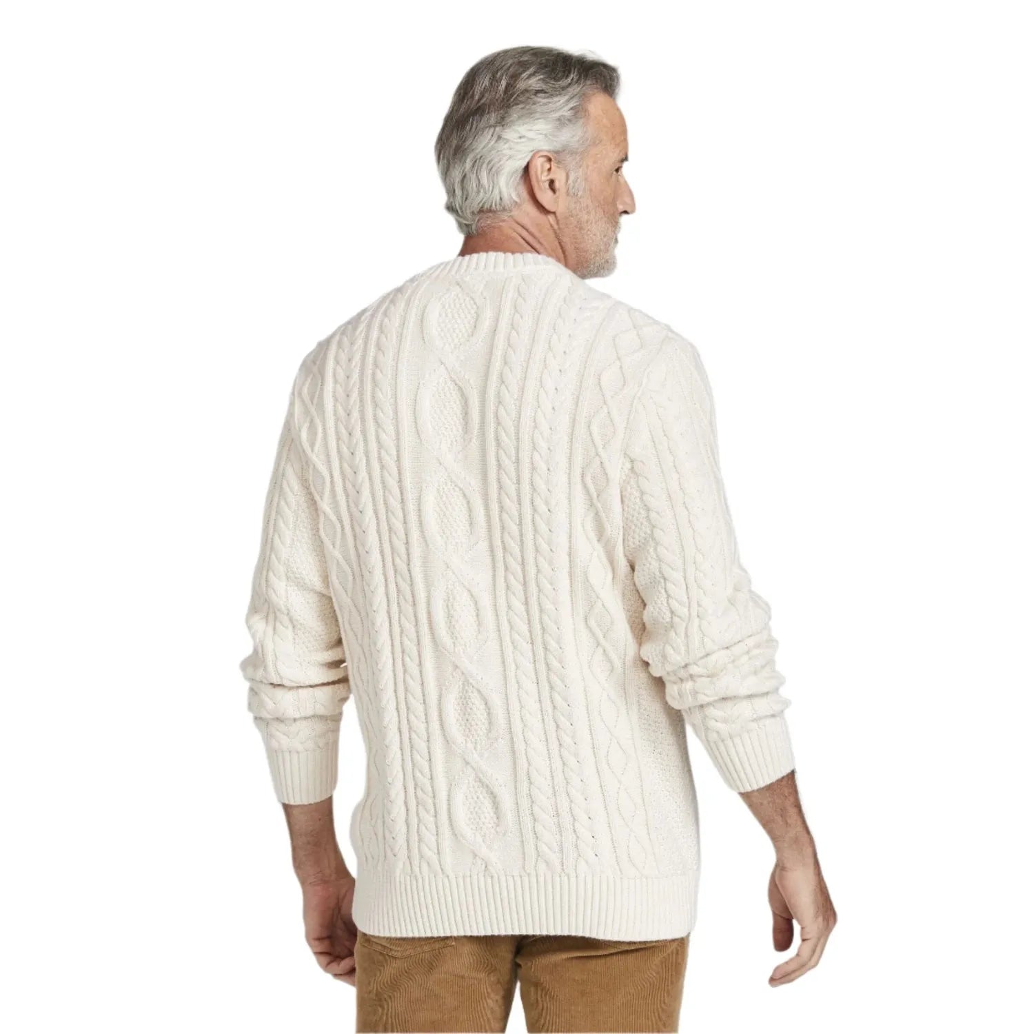 L.L. Bean M's Bean Heritage Soft Cotton Fisherman Sweater, Crewneck, Cream, back view on model 