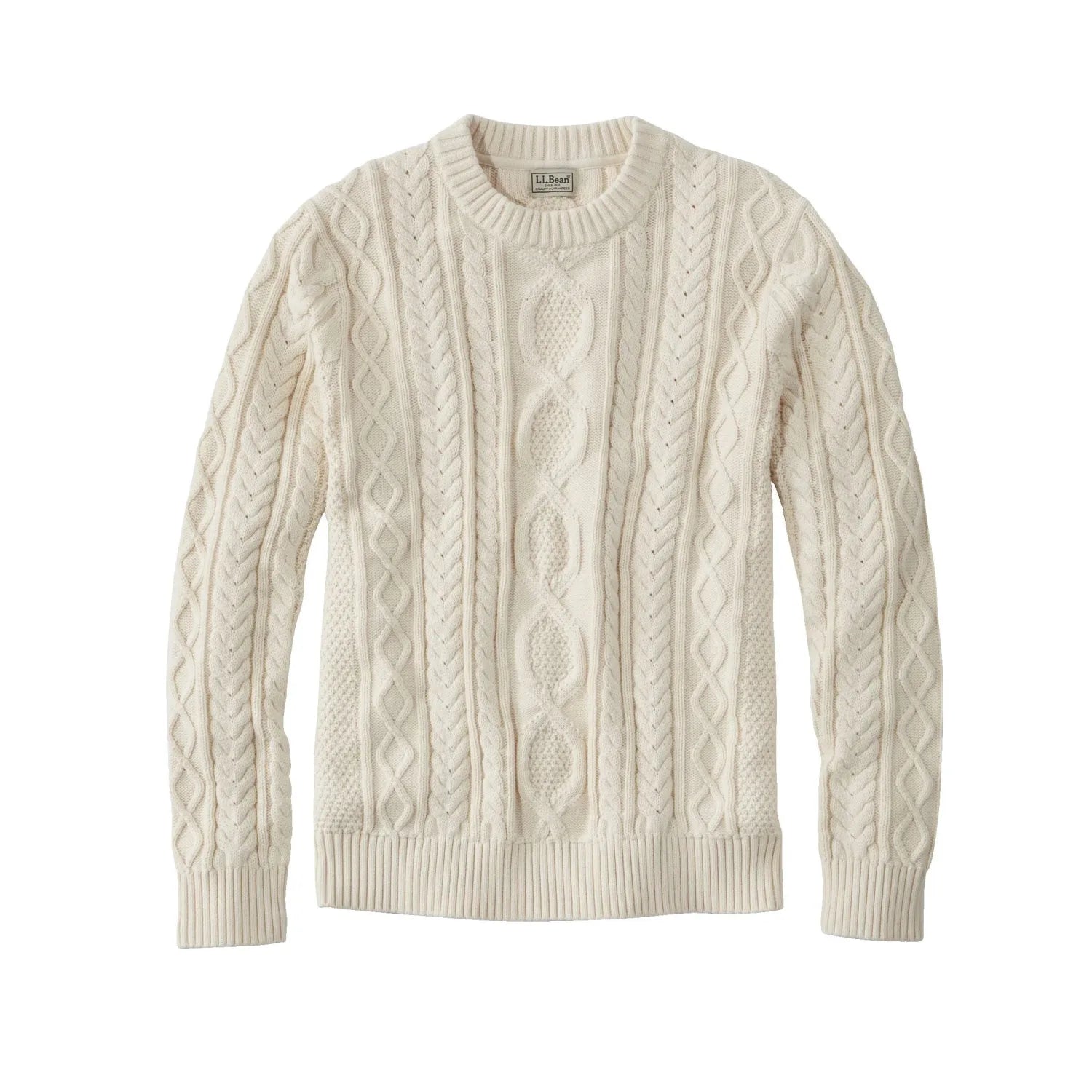 L.L. Bean M's Bean Heritage Soft Cotton Fisherman Sweater, Crewneck, Cream, front view flat