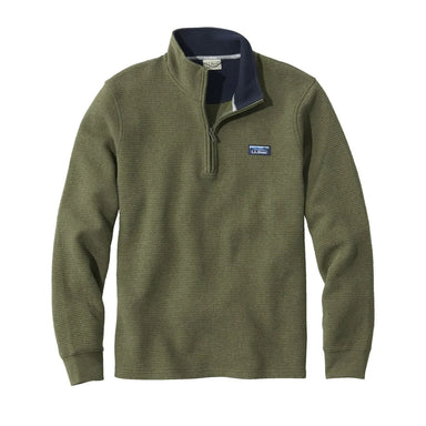 L.L. Bean M's Lakewashed Double-Knit Quarter-Zip Pullover, Deep Olive Heather, front view flat