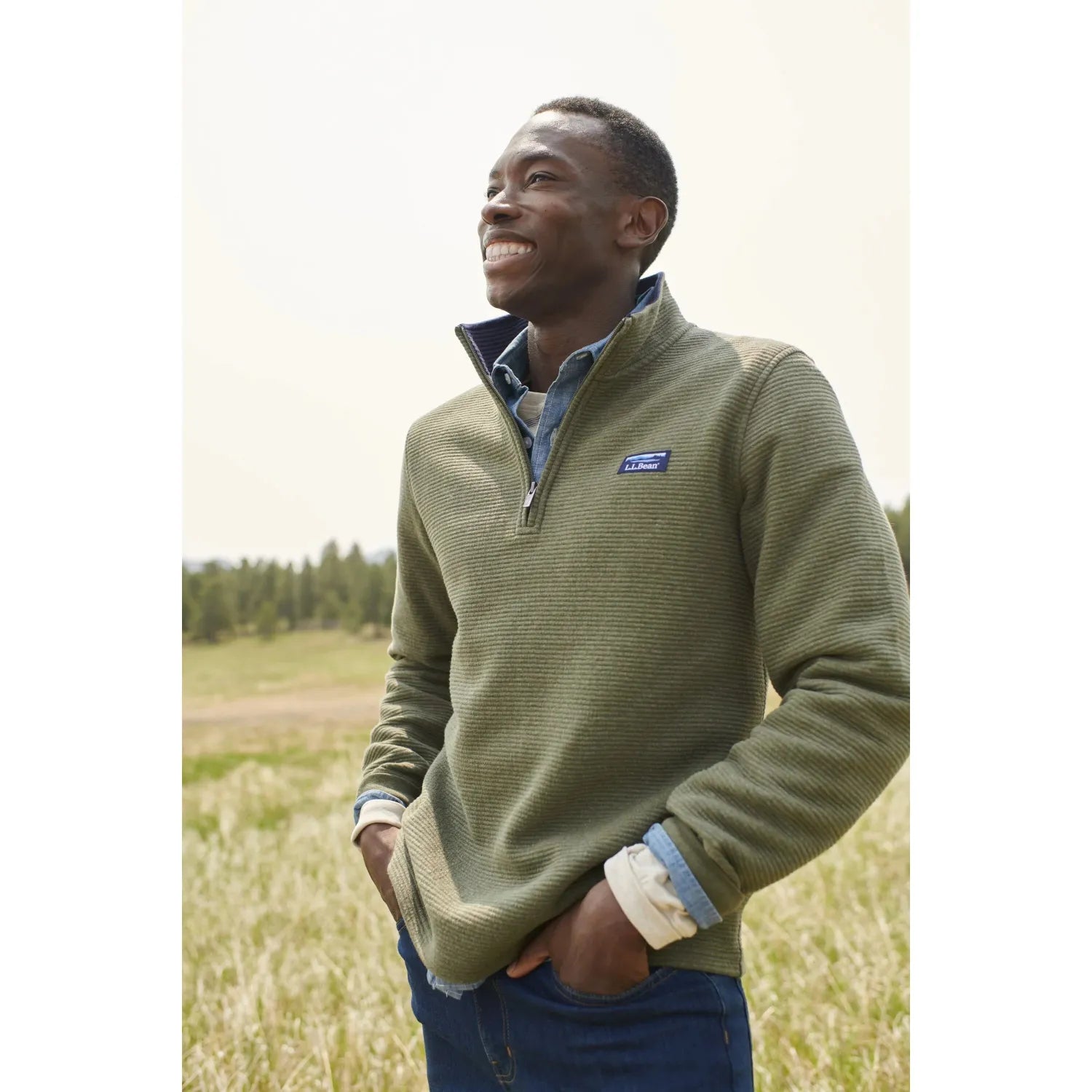 L.L. Bean M's Lakewashed Double-Knit Quarter-Zip Pullover, Deep Olive Heather, front view on model 