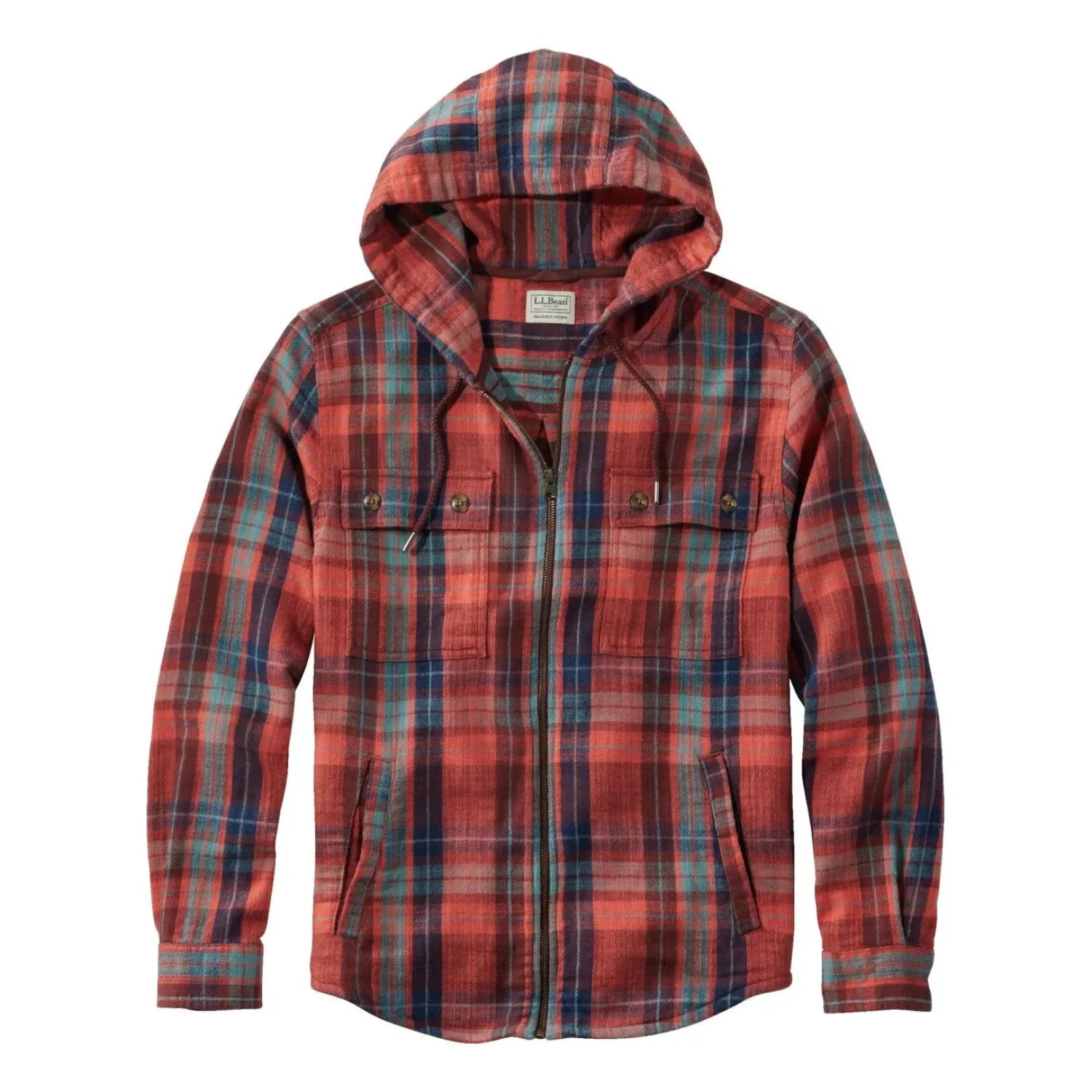 ll bean mens 1912 field flannel shirt, hooded, slightly fitted untucked fit, plaid in currant front flat view