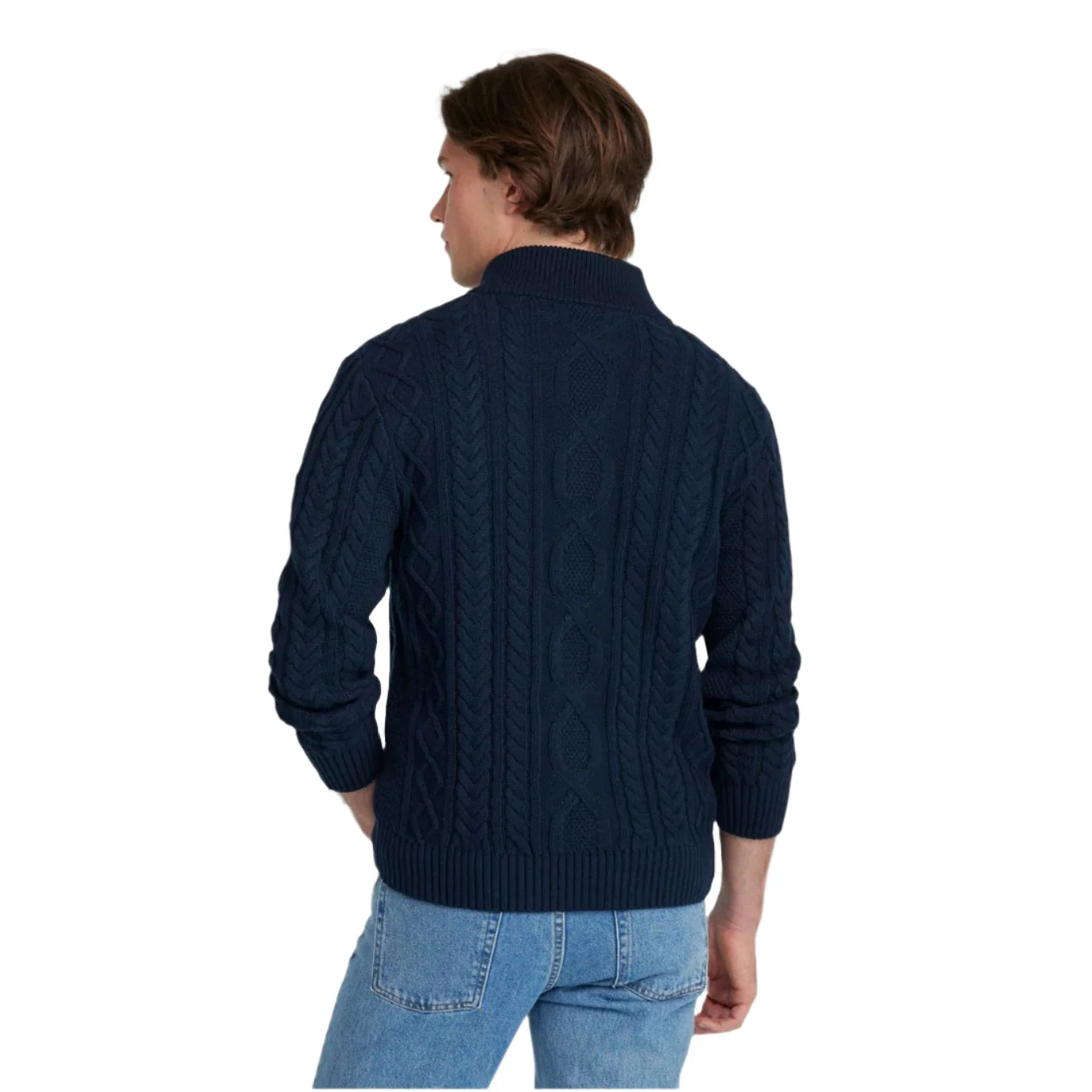 ll bean mens heritage soft cotton fisherman sweater, button-mock in classic navy back model view