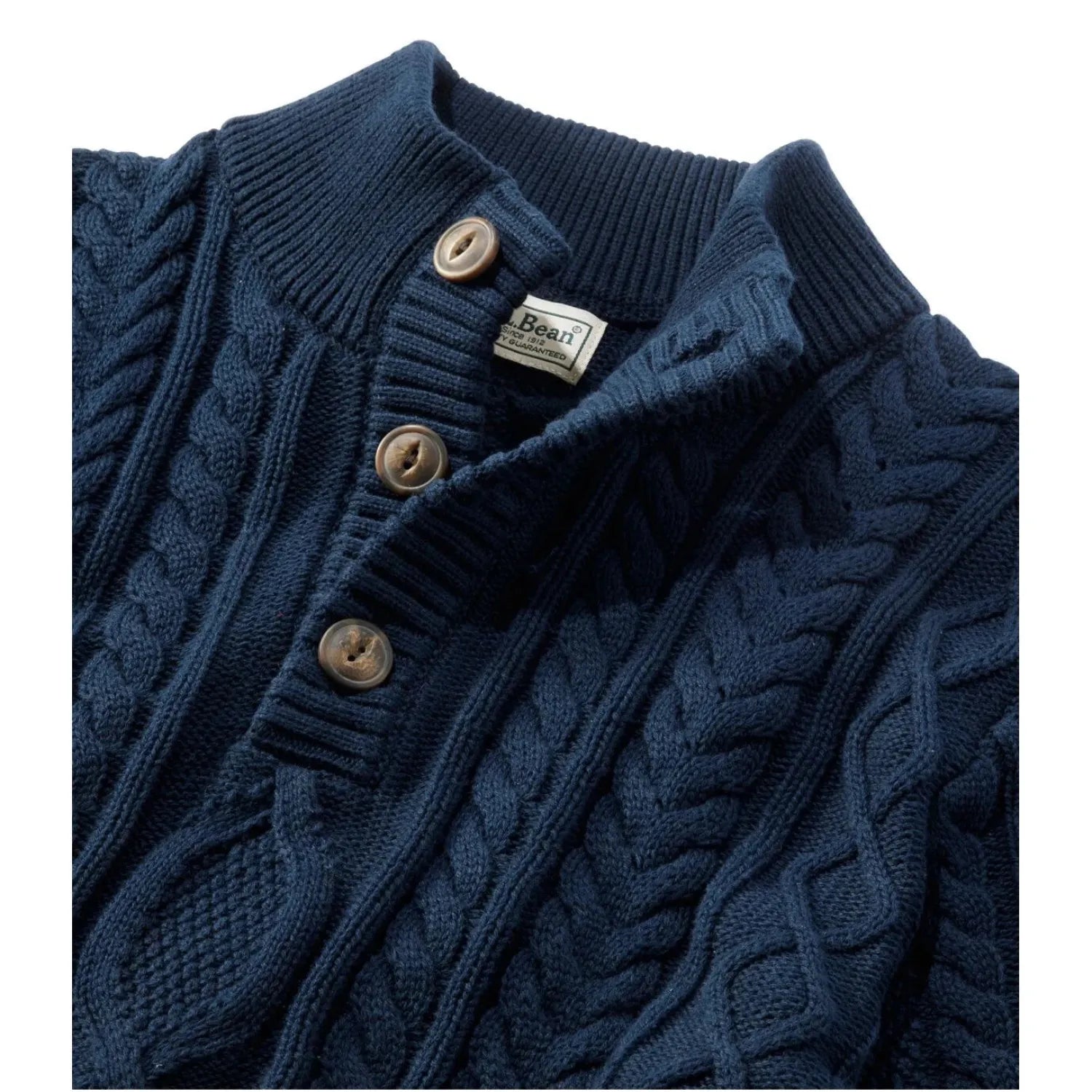 ll bean mens heritage soft cotton fisherman sweater, button-mock in classic navy front detail view