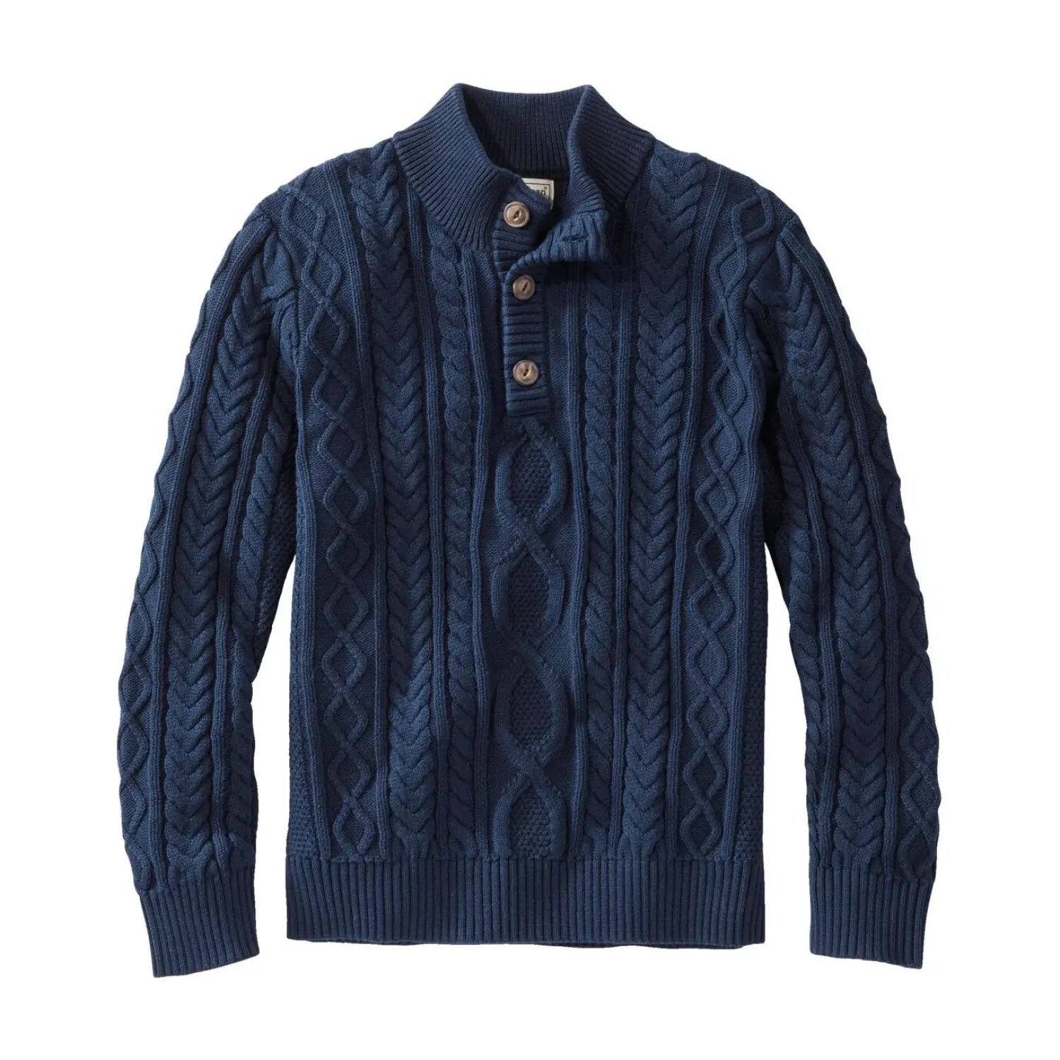 ll bean mens heritage soft cotton fisherman sweater, button-mock in classic navy front flat view