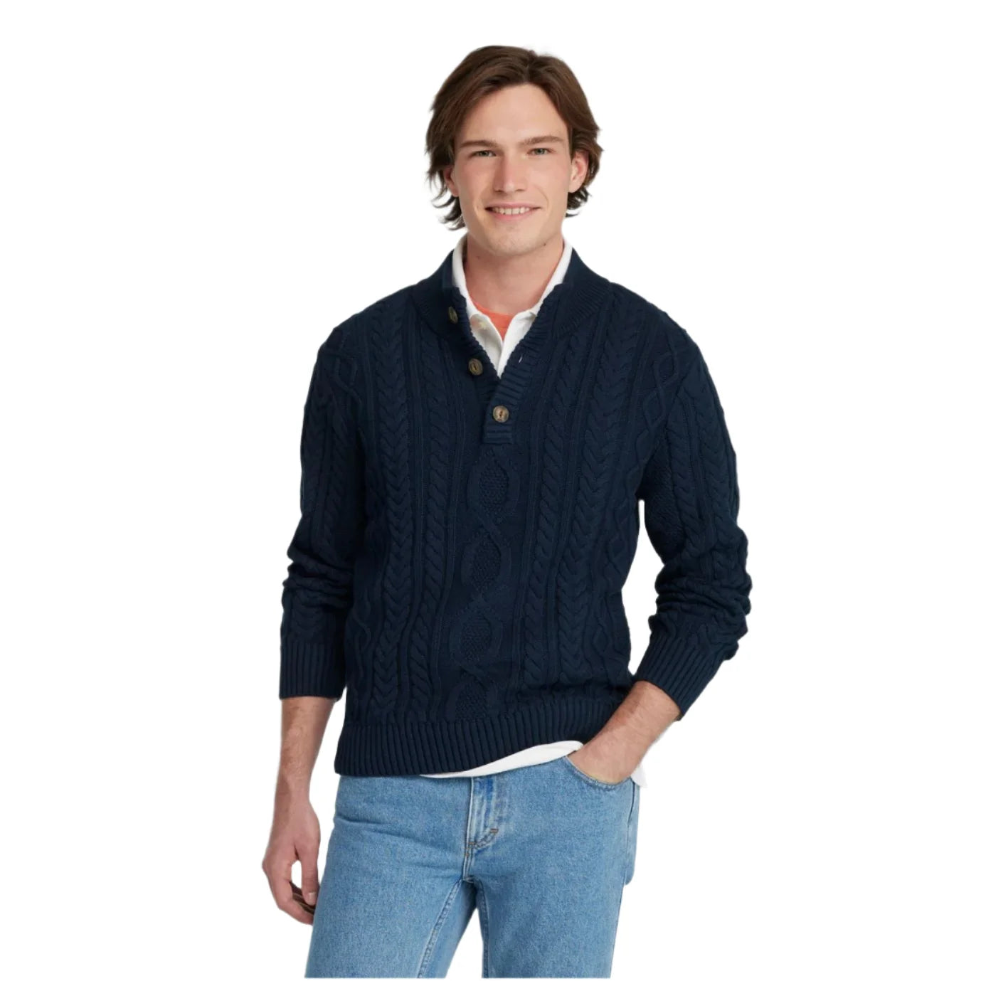 ll bean mens heritage soft cotton fisherman sweater, button-mock in classic navy front model view