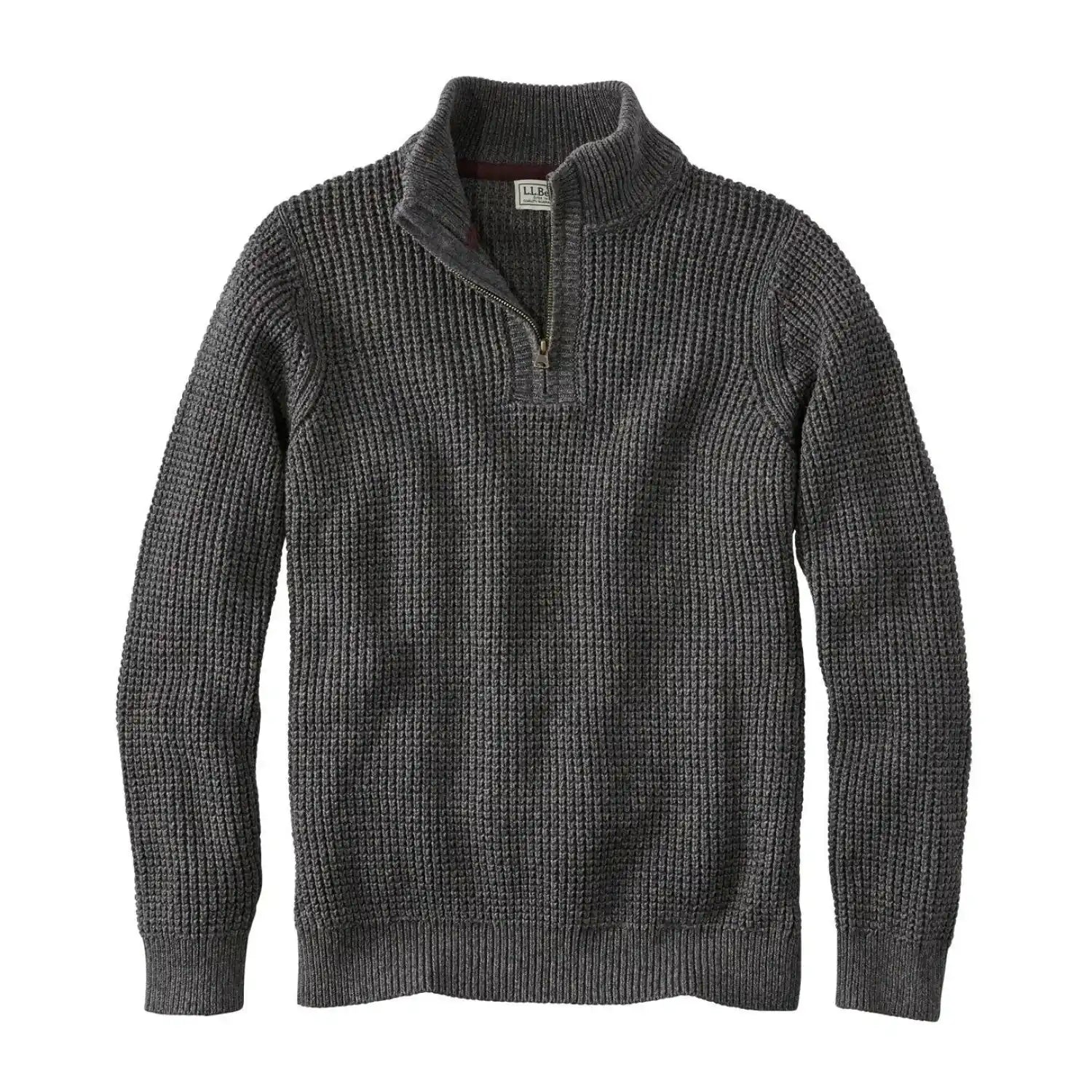 ll bean mens organic cotton waffle sweater quarter zip in dark cinder front flat view