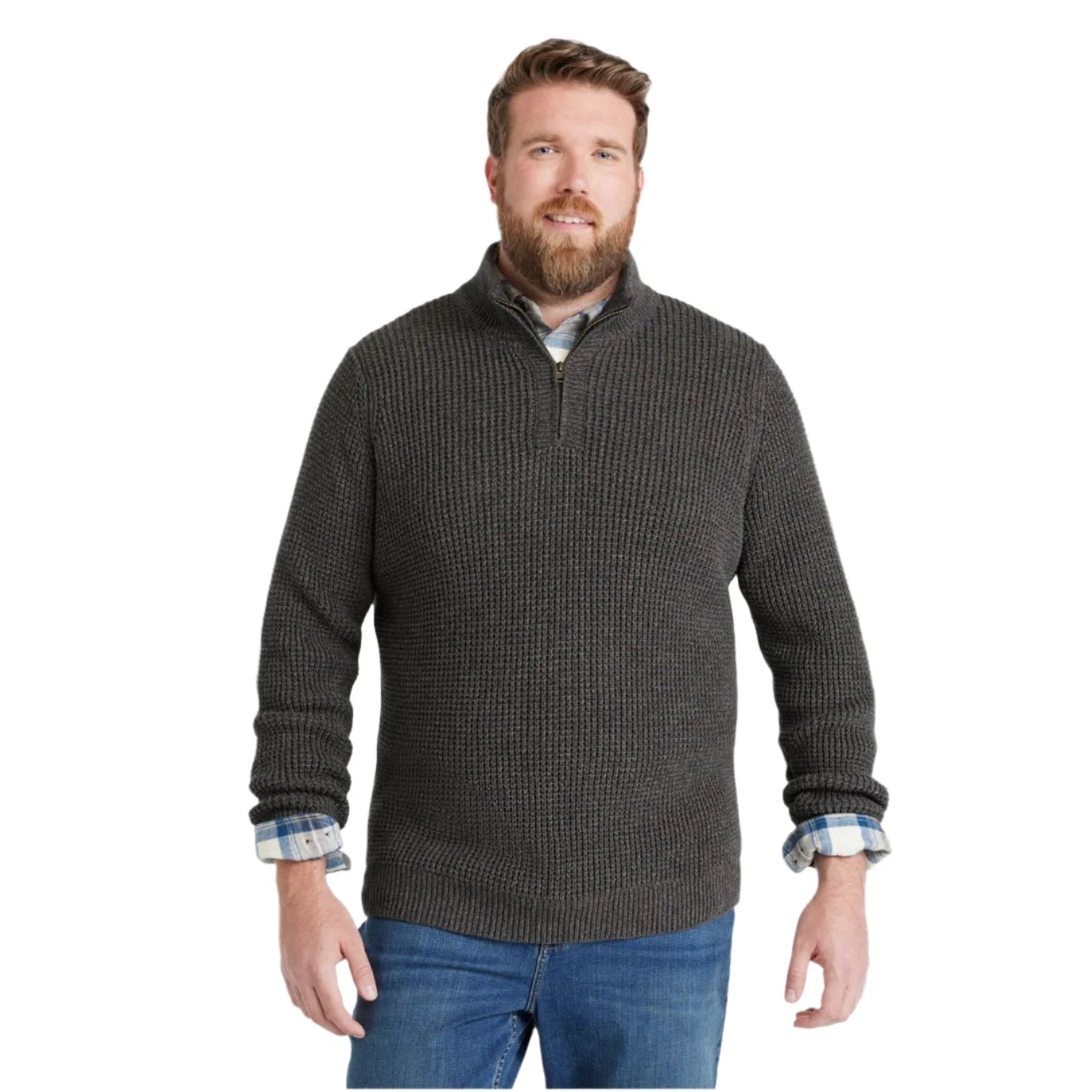 ll bean mens organic cotton waffle sweater quarter zip in dark cinder front model view