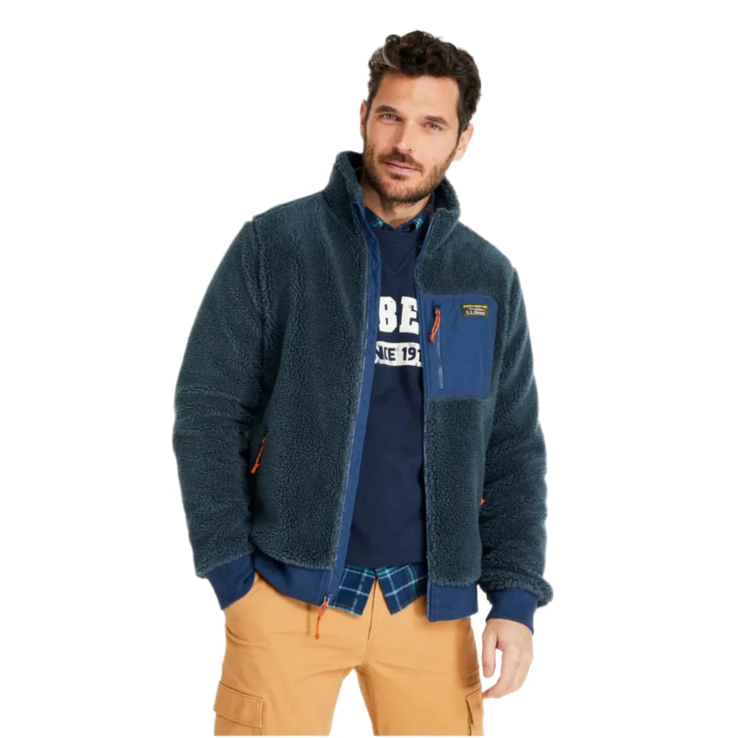 llbean mens sherpa fleece jacket in storm blue/collegiate blue front model view