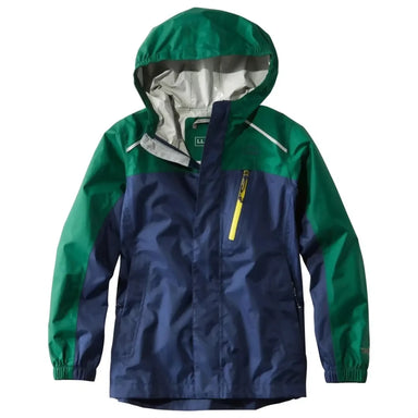 LL Bean Kids' Trail Model Rain Jacket, Colorblock Night/Emerald Spruce Front view