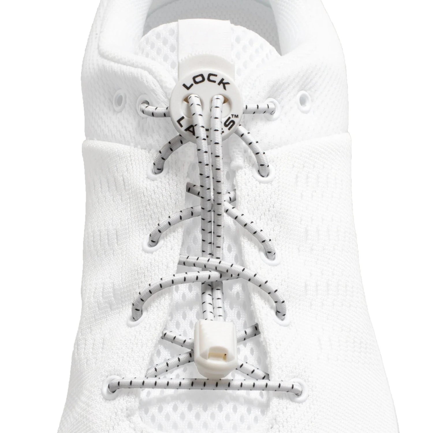 Lock Laces Original No Tie Shoelaces in white, on shoe front view