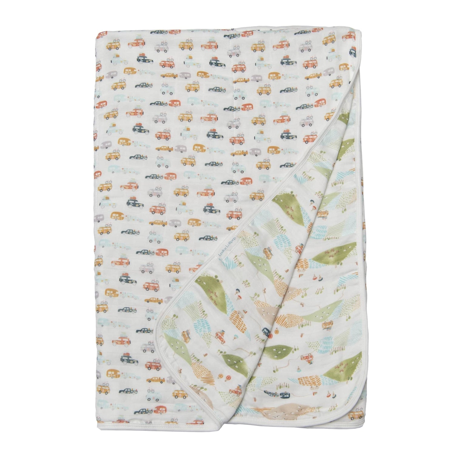 Loulou Lollipop Muslin Quilt Baby Blanket in camper vans, front view double sided